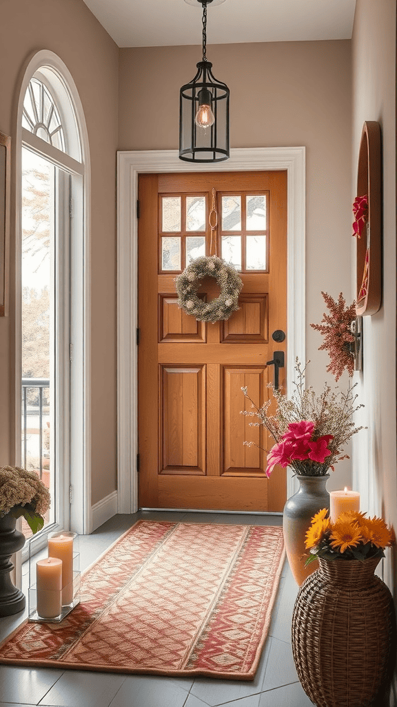 A cozy home entrance featuring a wooden door, flowers, candles, and a patterned rug.