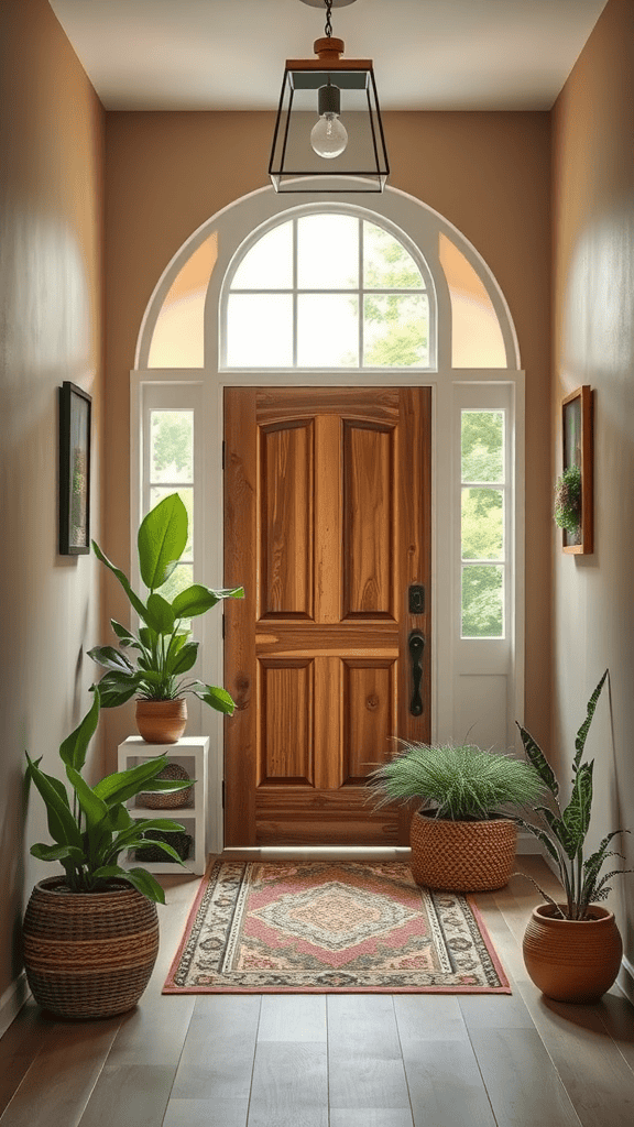 Welcoming home entrance with plants, a wooden door, and a decorative rug