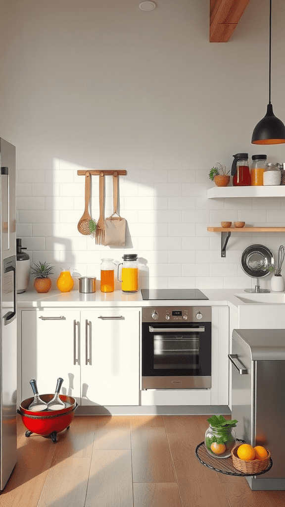 A bright and modern kitchen with fruits, juices, and plants.