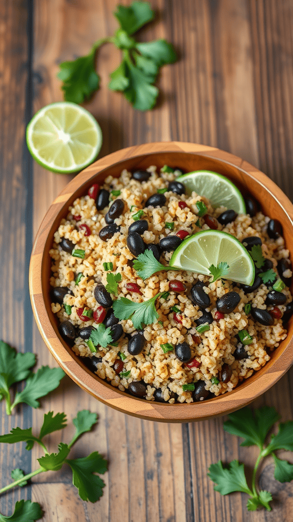 A wooden bowl filled with quinoa and black bean salad, garnished with lime slices and cilantro.