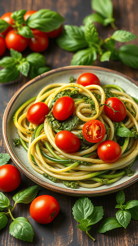 A plate of zucchini noodles topped with pesto sauce and cherry tomatoes, surrounded by fresh basil leaves.